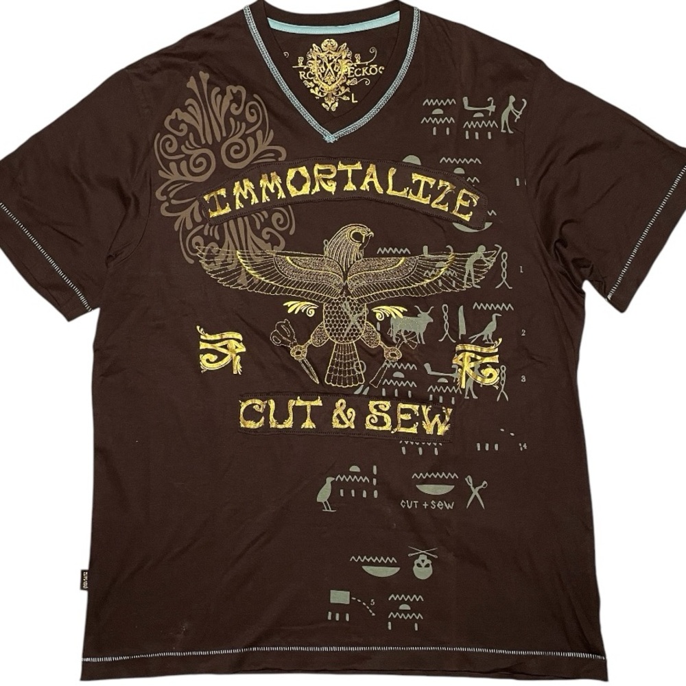 Vintage MARC ECKO T Shirt Mens Large Y2K Brown Embroidered NWT V Neck Gold